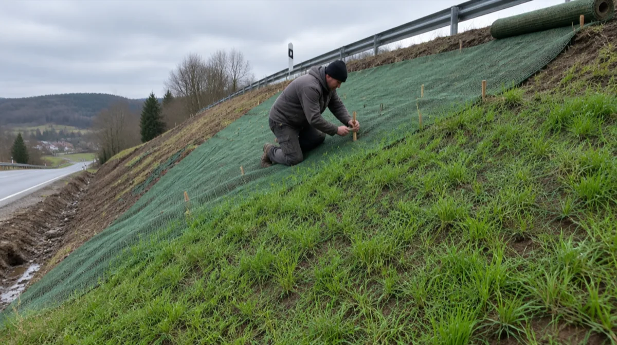 Ein Landschaftsgärtner befestigt auf einer Straßenböschung eine grüne Erosionsschutzmatte mit Holzpflöcken; durch die untere Hälfte wächst bereits junges Gras.