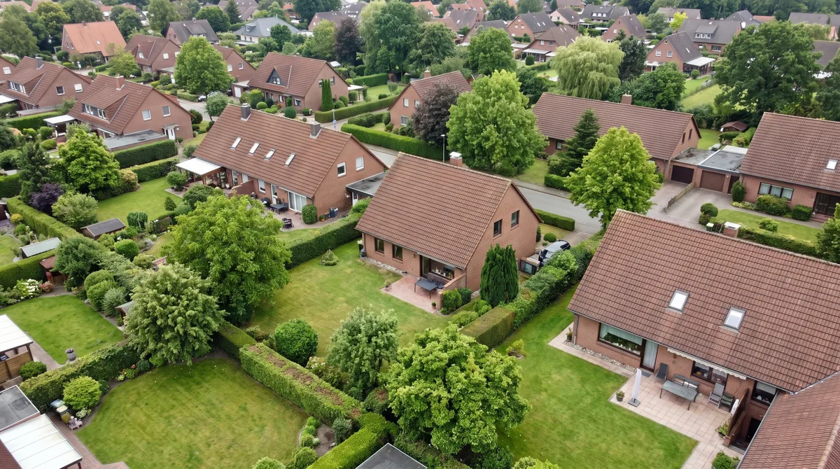 Blick über ein deutsches Wohngebiet mit privaten Gärten, Hecken, alten Bäumen und Ziegeldächern.