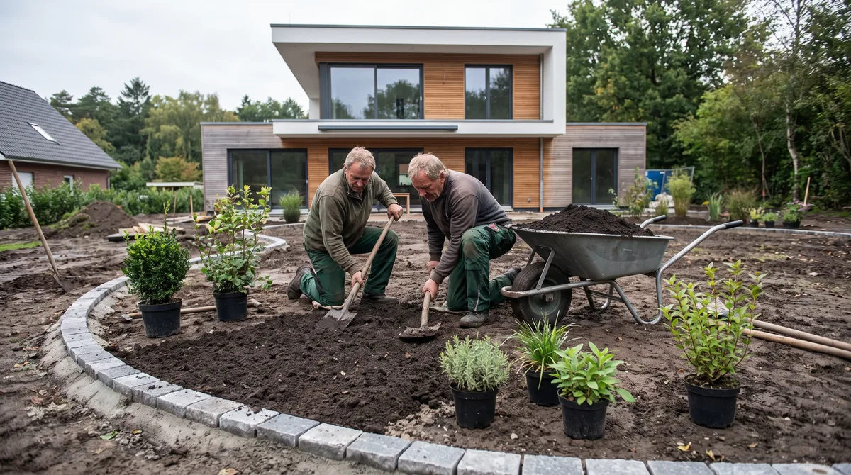Gartengestaltung — Garten anlegen mit Beetbau und Pflanzung Zwei Landschaftsgärtner legen ein neues Beet an, daneben eine Schubkarre mit Mutterboden und frisch gesetzte Sträucher.