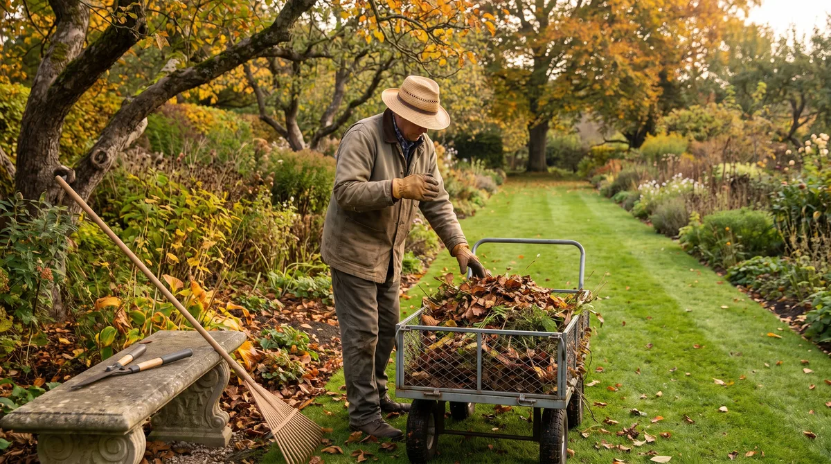 Gartenpflege — Grünpflege mit Laub- und Schnittgutabfuhr Gärtner harkt Laub und Schnittgut in einen Gartenwagen, im Hintergrund gepflegte Staudenbeete und gemähter Rasen.