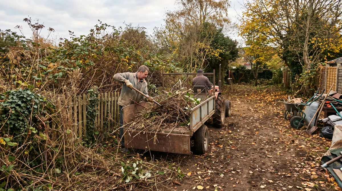 Gartenräumung — Garten räumen mit Abfuhr und Entsorgung Ein verwilderter Garten wird geräumt: Ein Arbeiter lädt Schnittgut auf einen Anhänger, links steht noch der alte Bewuchs, rechts ist die Fläche frei.