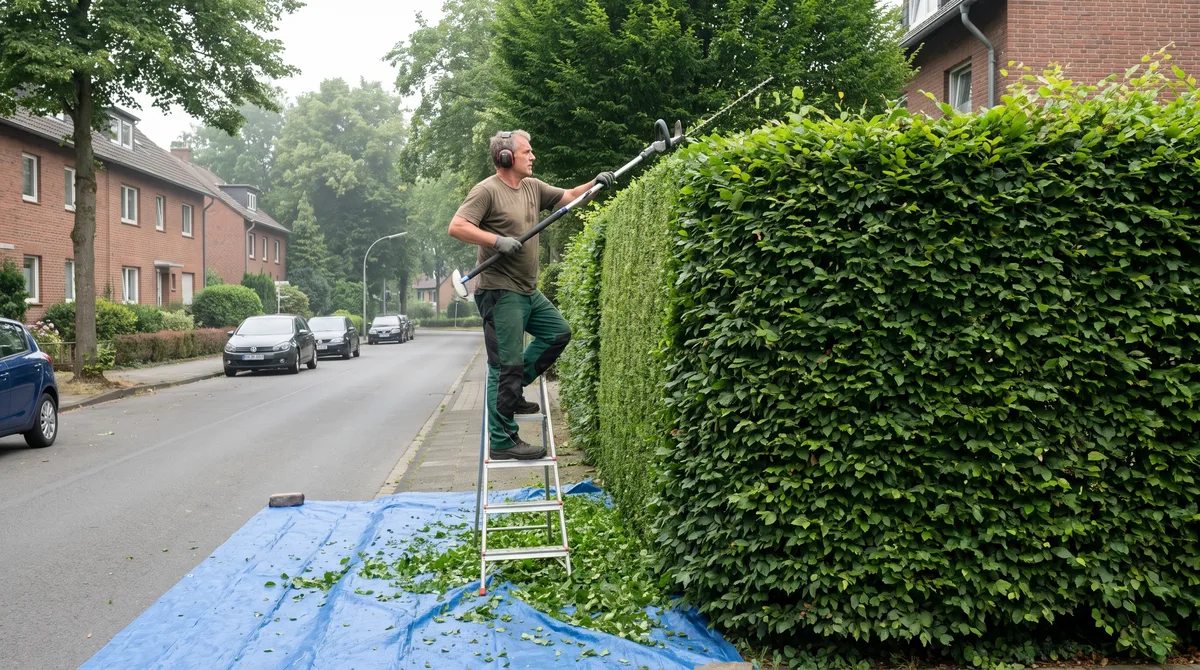 Heckenschnitt — Hecke schneiden auf gerade Schnittfläche Gärtner schneidet eine hohe Hainbuchenhecke mit der Heckenschere auf eine gerade Schnittfläche.