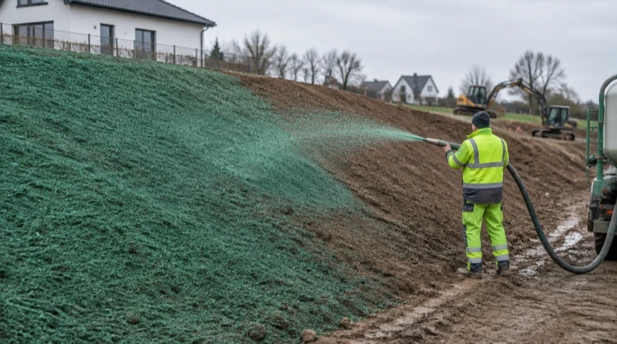 Ein Arbeiter spritzt mit einem Schlauch grüne Saatgut-Mulch-Mischung auf eine noch kahle Erdböschung; die linke Hälfte des Hangs ist bereits gleichmäßig grün bedeckt.