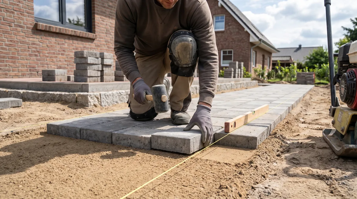 Pflasterarbeiten — Pflaster verlegen im Sandbett Pflasterer setzt graue Betonsteine in ein Sandbett, mit Gummihammer, Richtschnur und Wasserwaage.