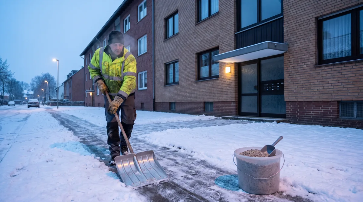 Winterdienst — Schneeräumung und Streudienst am Gehweg Arbeiter räumt im Morgengrauen den Gehweg vor einem Mehrfamilienhaus, daneben steht ein Eimer mit Streugut.