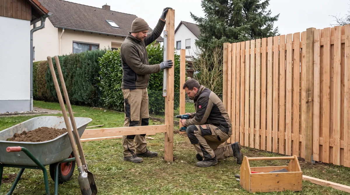 Zaunbau — Zaun bauen als Sichtschutz an der Grundstücksgrenze Zwei Monteure setzen einen senkrechten Lattenzaun als Sichtschutz an einer Grundstücksgrenze.