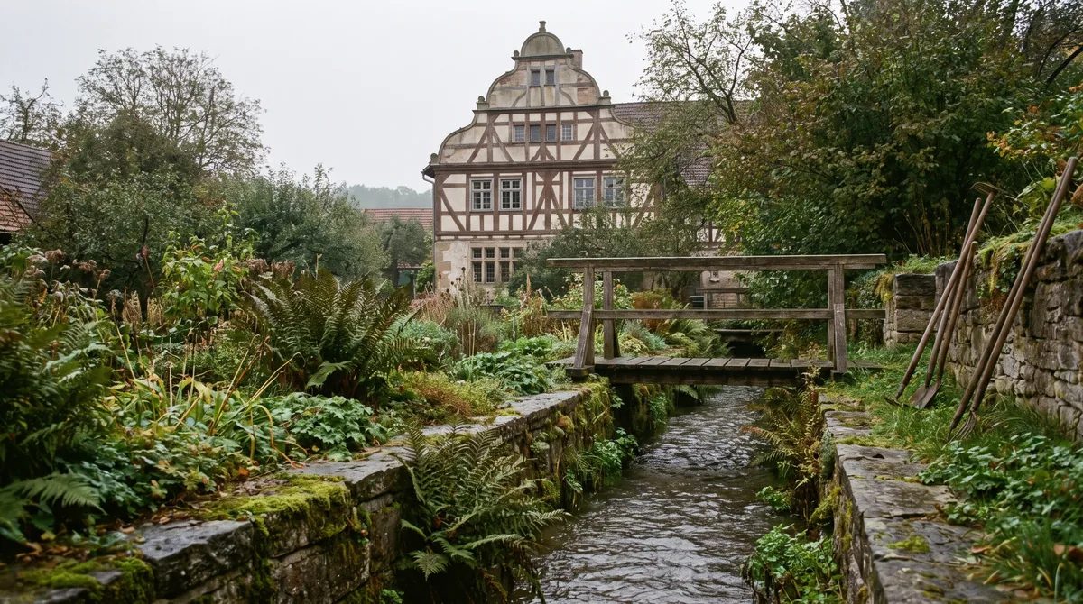 Garten an einem historischen Wasserkanal in Augsburg: hoher Grundwasserstand, üppige feuchte Bepflanzung, gemauerte Kanalkante.