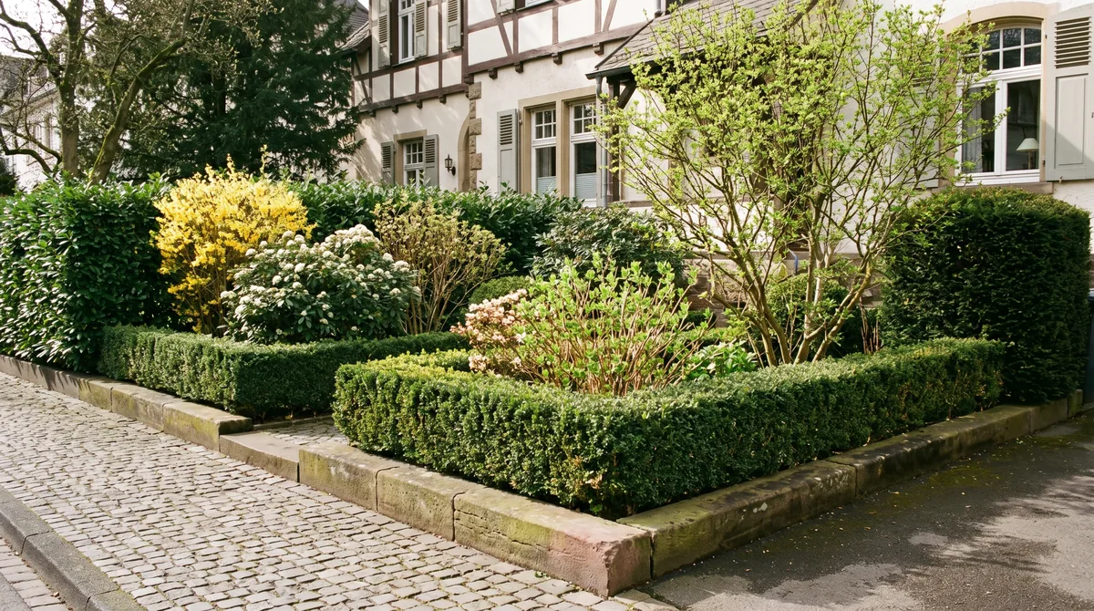 Böschungsbegrünung in Bonn — typische Lage vor Ort Gepflegter Vorgarten in einer Bonner Wohnstraße mit früh austreibenden Sträuchern, Buchs und Sandsteinkante.