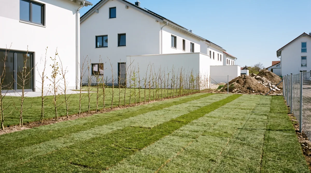 Frisch verlegter Rollrasen mit sichtbaren Bahnenstößen im Neubaugebiet in Dachau, junge Heckenpflanzen am Rand.