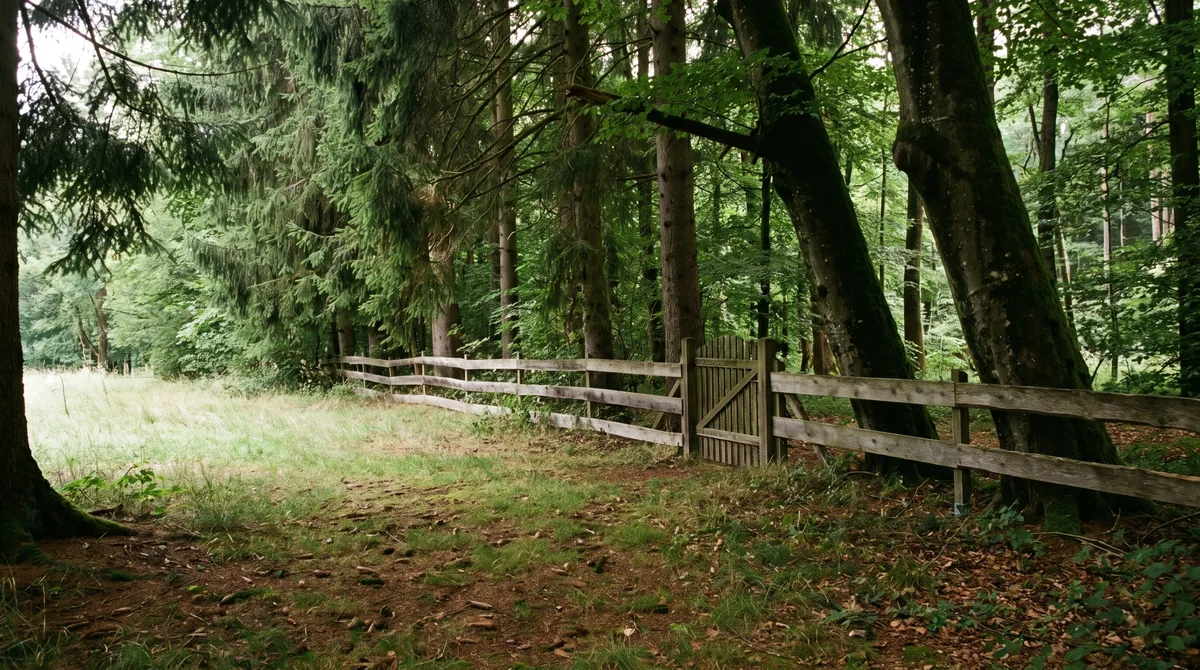 Grundstück direkt am Waldrand bei Ebersberg: hohe alte Fichten und Buchen ragen über die Grenze, Rasen im Schatten.
