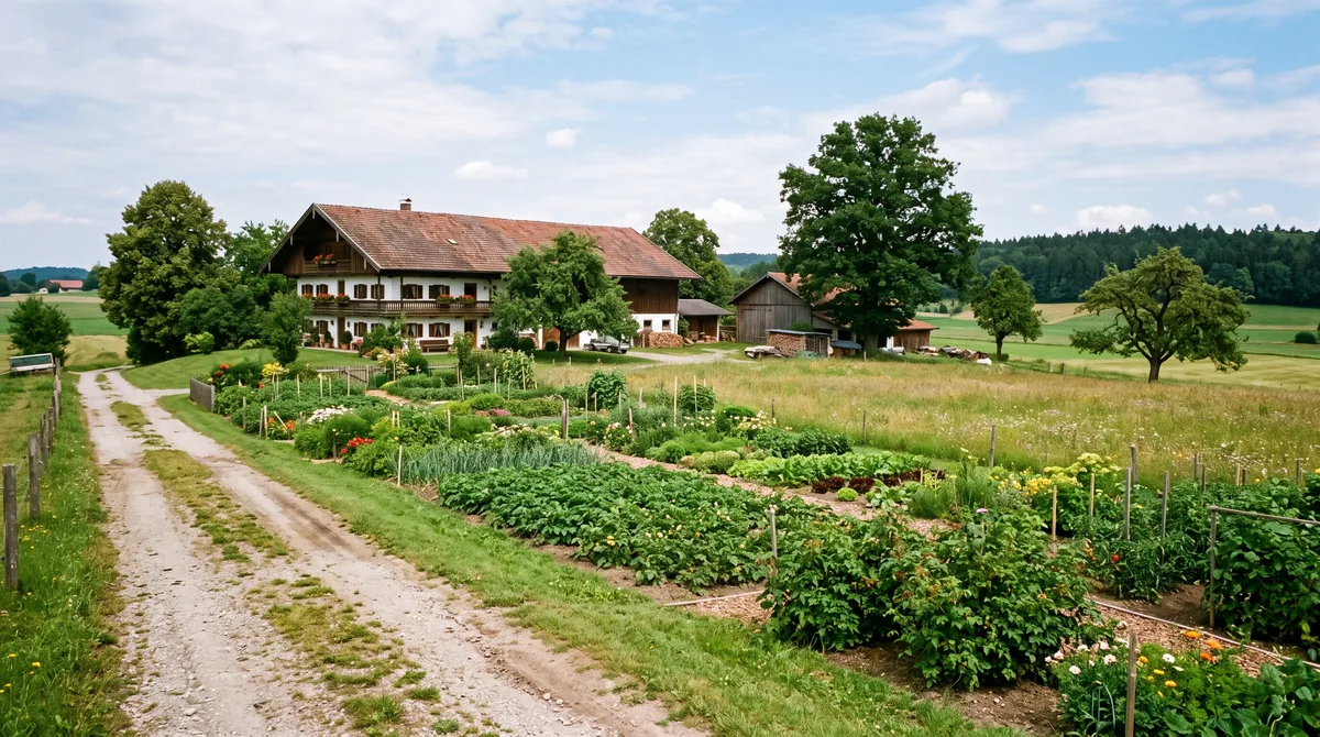 Hydroseeding in Erding — typische Lage vor Ort Großes Grundstück am Ortsrand von Erding mit breiter Zufahrt, einzeln stehenden Altbäumen und Wiesenrasen.