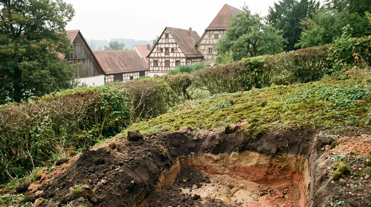 Hydroseeding in Freising — typische Lage vor Ort Offene Pflanzgrube am Freisinger Altstadthang, in der die unterschiedlichen Bodenschichten sichtbar sind.