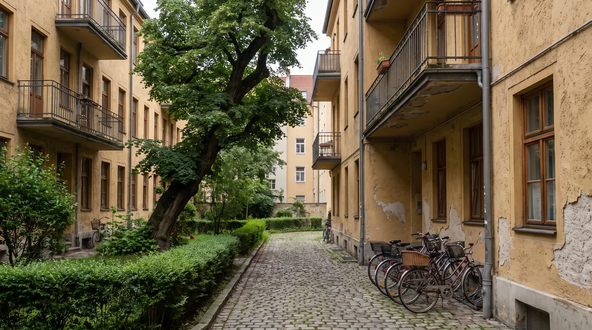 Enger Innenhof hinter einem Münchner Altbau: eine alte Linde zwischen Stuckfassaden und Balkonen, kein Platz für einen Kran.