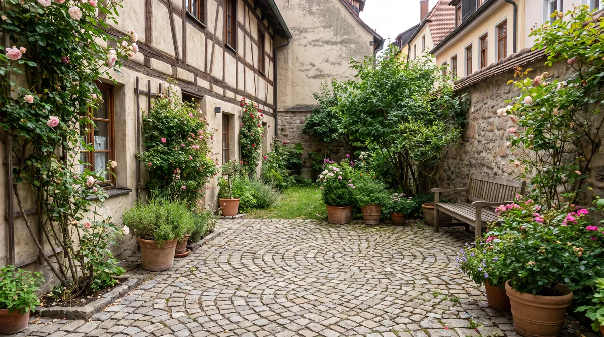 Natursteinpflaster im vorgegebenen Verlegemuster in der Regensburger Welterbe-Altstadt, kleiner Hofgarten daneben.