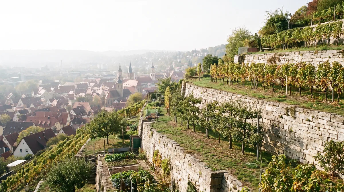 Böschungsbegrünung in Stuttgart — typische Lage vor Ort Steiles Hanggrundstück im Stuttgarter Kessel mit massiver Stützmauer, terrassierten Beeten und Blick über die Dächer.