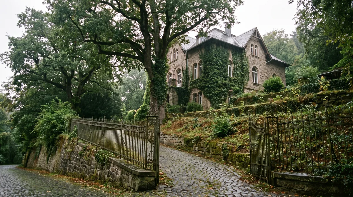 Böschungsbegrünung in Wiesbaden — typische Lage vor Ort Villengarten am Wiesbadener Taunushang mit sehr großem Altbaumbestand, steiler Zufahrt und schmiedeeisernem Zaun.